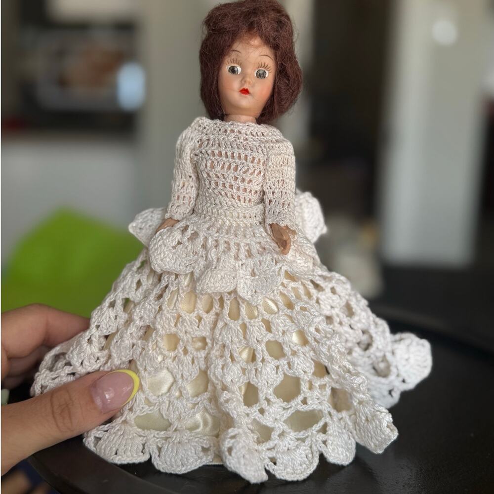 Vintage Plastic Doll in Handmade Crocheted Gown